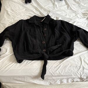 Free People Black Button-Up Tie Front Top